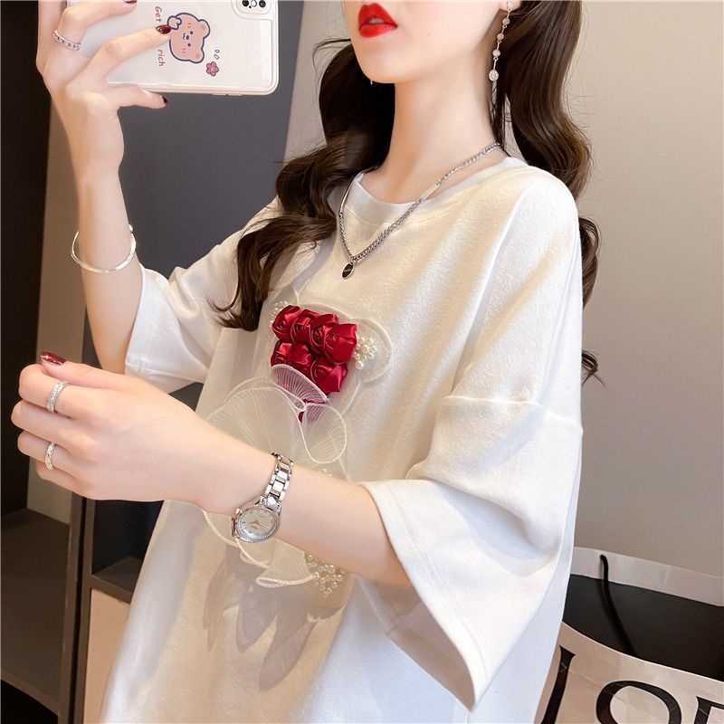Áo Thun Cotton Mỏng Dáng Rộng Ngắn Tay Thêu Hình Phong Cách Hàn Quốc Thời Trang Mùa Hè Dành Cho Nữ 2022