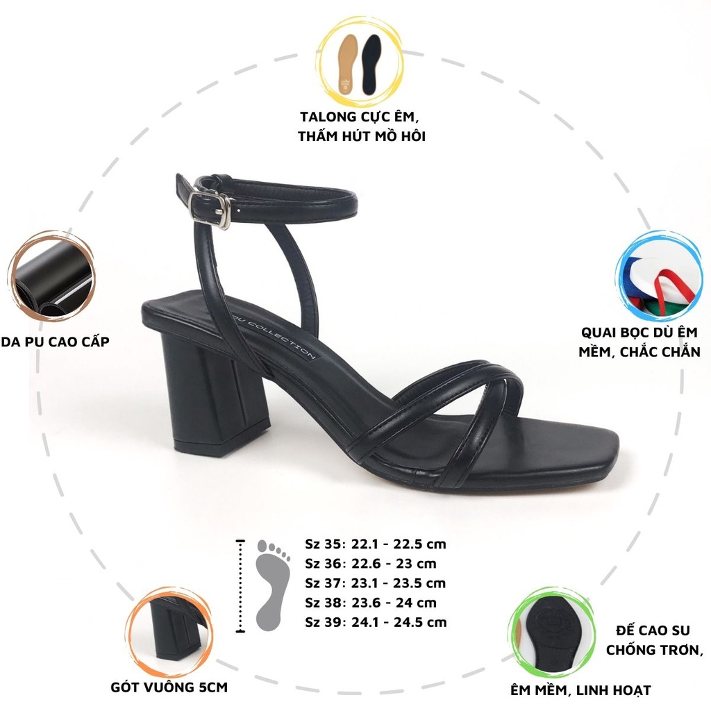 Giày sandal gót vuông 5p HADU G571 quai mảnh chữ X da PU cao cấp hàng vnxk