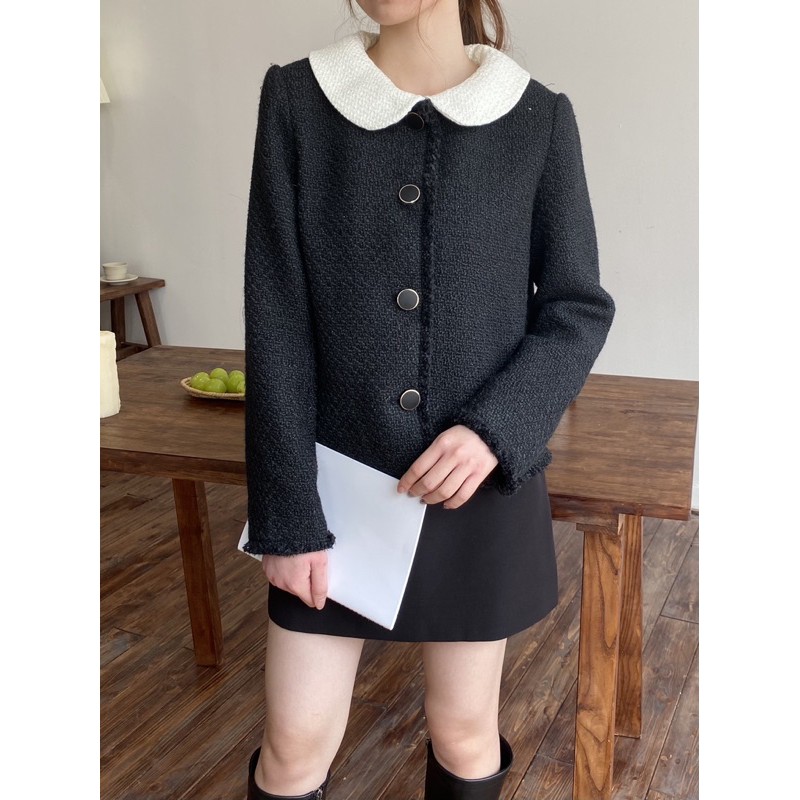 Áo khoác dạ tweed cổ tháo rời Hàn Quốc