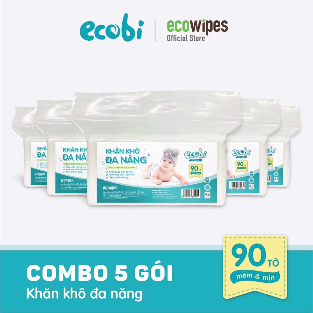 Combo 5 túi KHĂN KHÔ ĐA NĂNG ECOBI 90 tờ - Dùng thay khăn sữa, an toàn cho trẻ sơ sinh