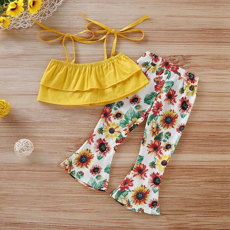 Set Áo Croptop + Quần Dài Ống Loe In Hoa Đáng Yêu Cho Bé Gái