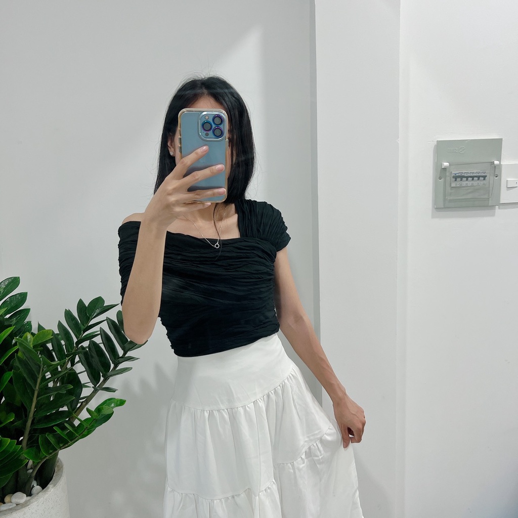 [Ảnh thật] Áo thun gợn sóng lệch vai