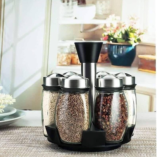 Kệ Đựng Gia Vị Xoay 360 Độ Kèm 6 Hũ Thủy Tinh Cao Cấp