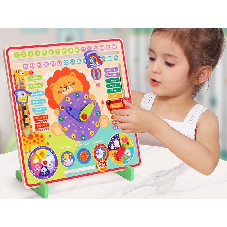 Đồ chơi trí tuệ gỗ an toàn cho bé,bảng đồng hồ giúp bé học thời gian học giờ,ngày,tháng,mùa,buổi,thời tiết,hàng đẹp