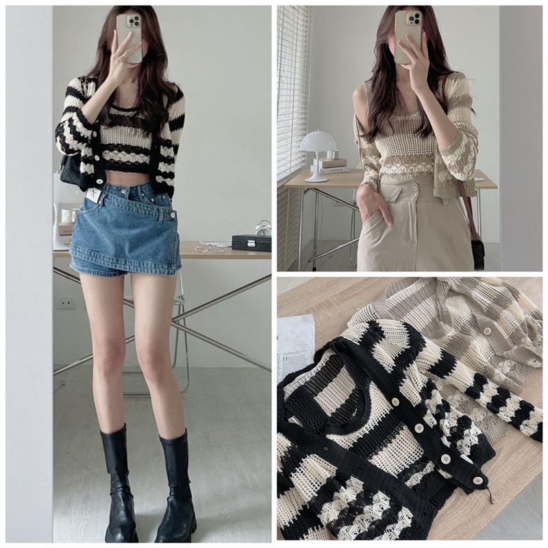 HÀNG SẴN// Set ÁO BA LỖ MIX CADIGAN lượn sóng hàng QC