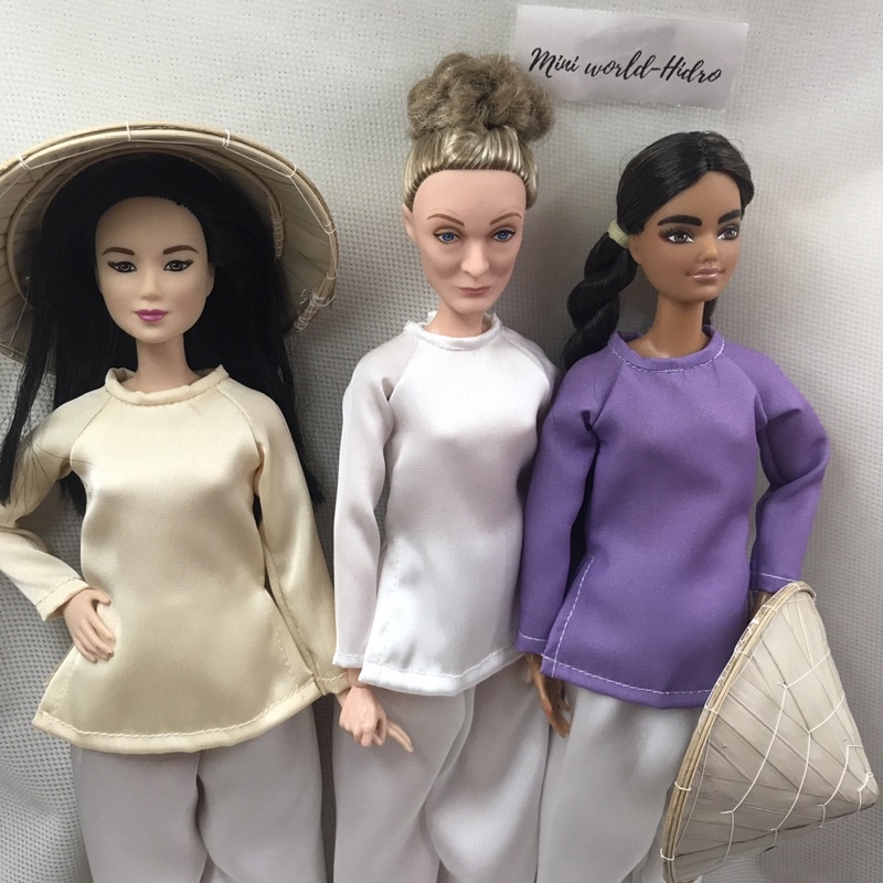 Mô hình set quần Áo bà ba truyền thống Việt Nam nón lá mini cho búp bê Barbie