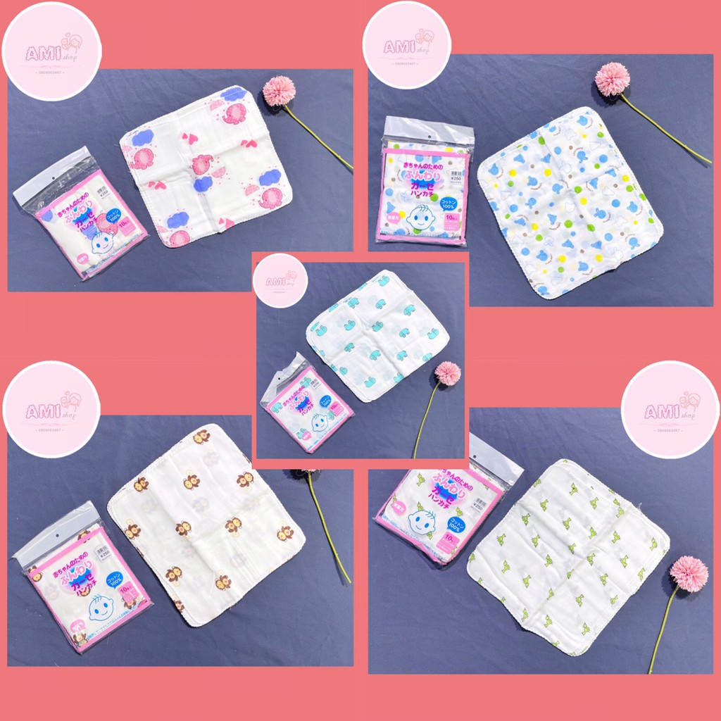 Gói 10 chiếc khăn sữa xuất Nhật in hình dễ thương