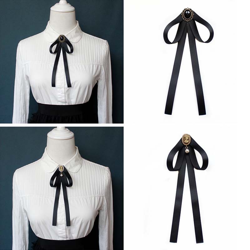 Nơ Cài Cổ Áo Đính Đá Pha Lê Và Ngọc Trai Màu Đen Phong Cách Hàn Quốc Cho Nữ