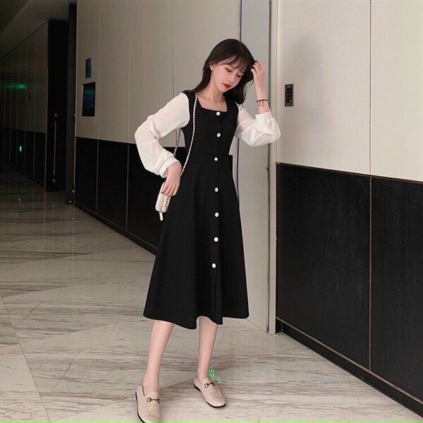 Đầm umi phối lưới cổ vuông, đầm nữ tay lưới phong cách Hàn Quốc
