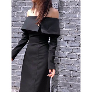 Đầm đen bẹt vai bản to 2 nút tay dài (ảnh thật)