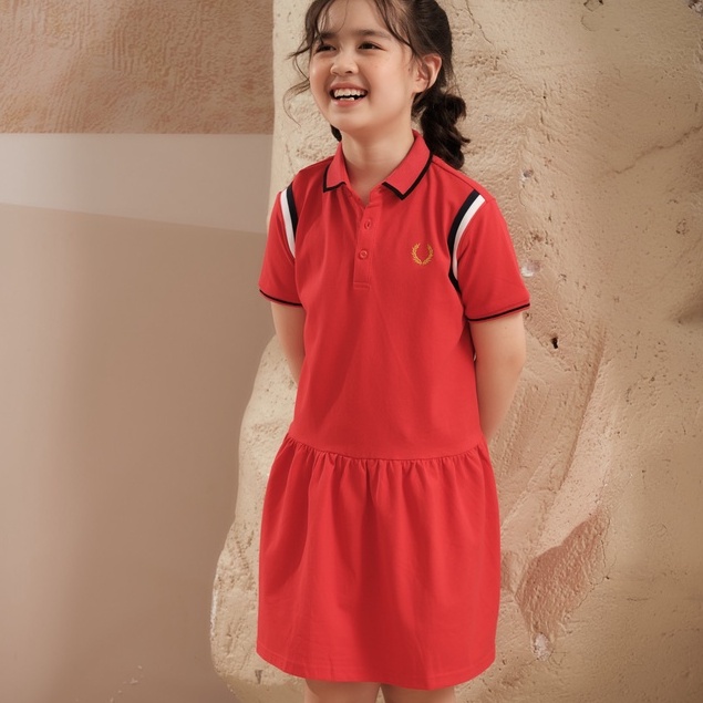 Váy polo đỏ sọc vai thiết kế 137Kids chất cotton thấm hút mồ hôi tốt cho bé gái đi chơi đi học