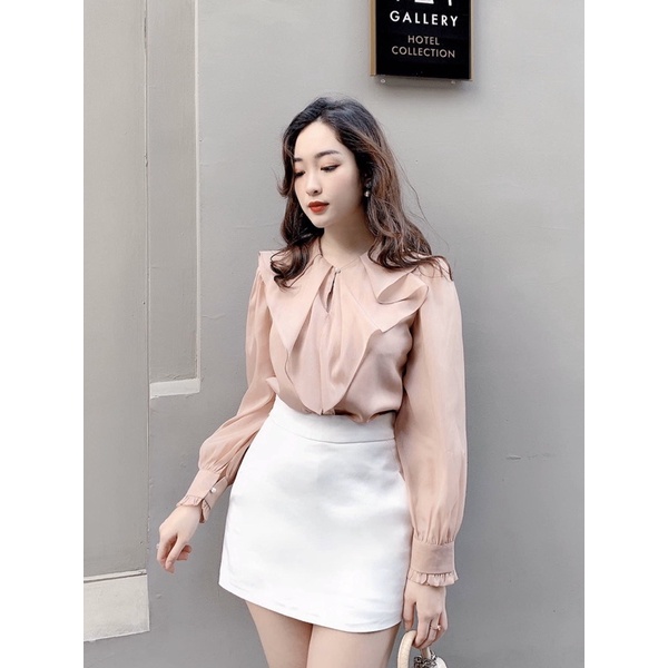Áo sơmi bèo cổ tay đính cúc ngọc