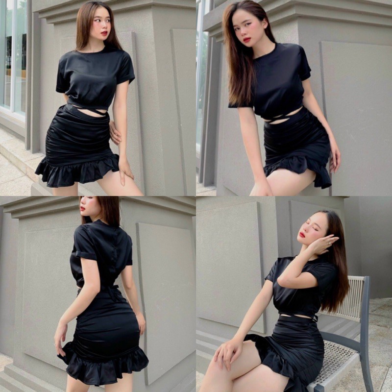 Set Đồ PARTY SET gồm áo croptop và chân váy xếp li tầng tôn vòng 3 - áo sau lưng gài nút và thắt nơ tạo điểm nhấn