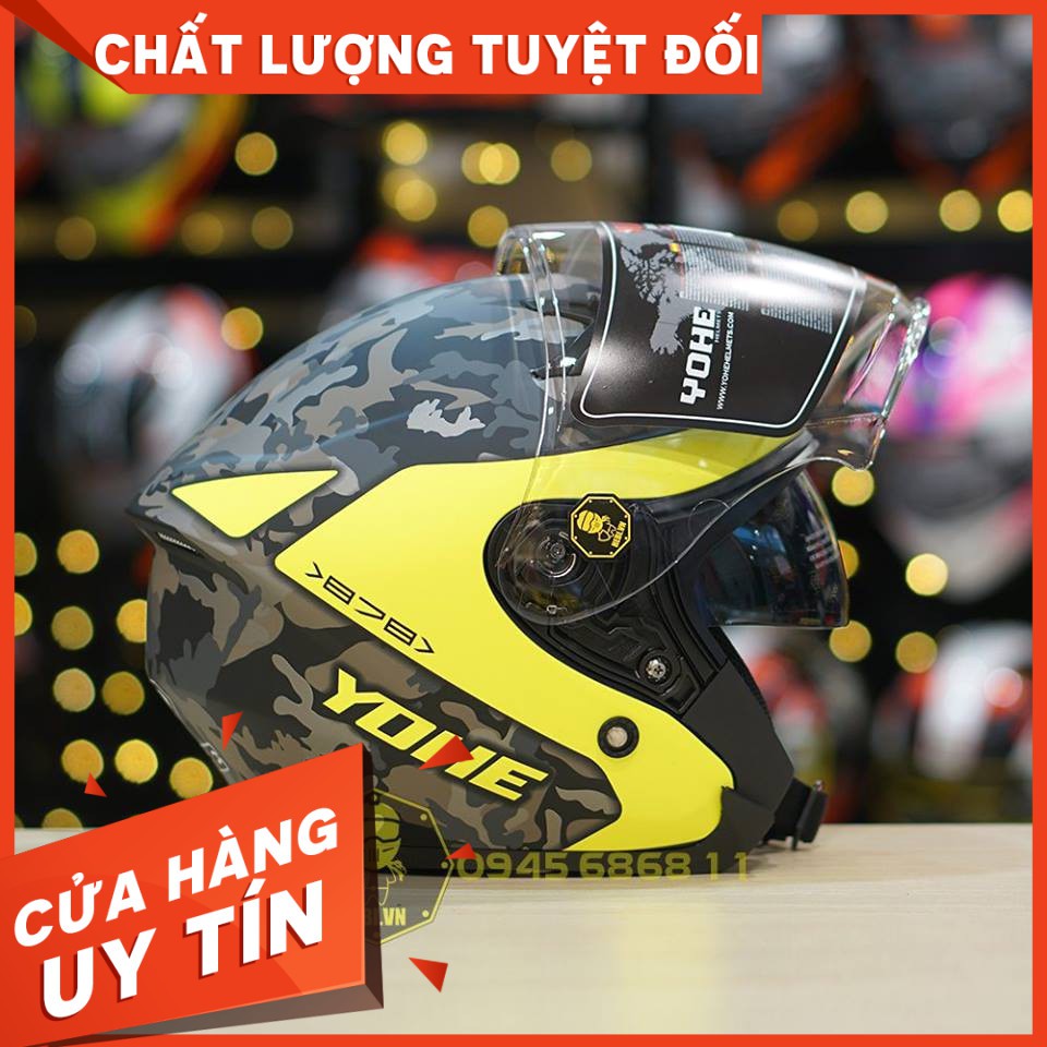 [CHÍNH HÃNG][Combo Quà Tặng Từ Shopee]Mũ 3/4 2 kính Yohe 878 chính hãng CAMO VÀNG LEON