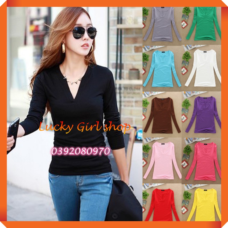 Áo Thun Nữ Body Cổ Xẻ Giọt Nước Style Hàn Tay Dài Màu Đen Trắng Basic Thun Spandex Co Giãn 4 Chiều -Hàng Nhập Quảng Châu