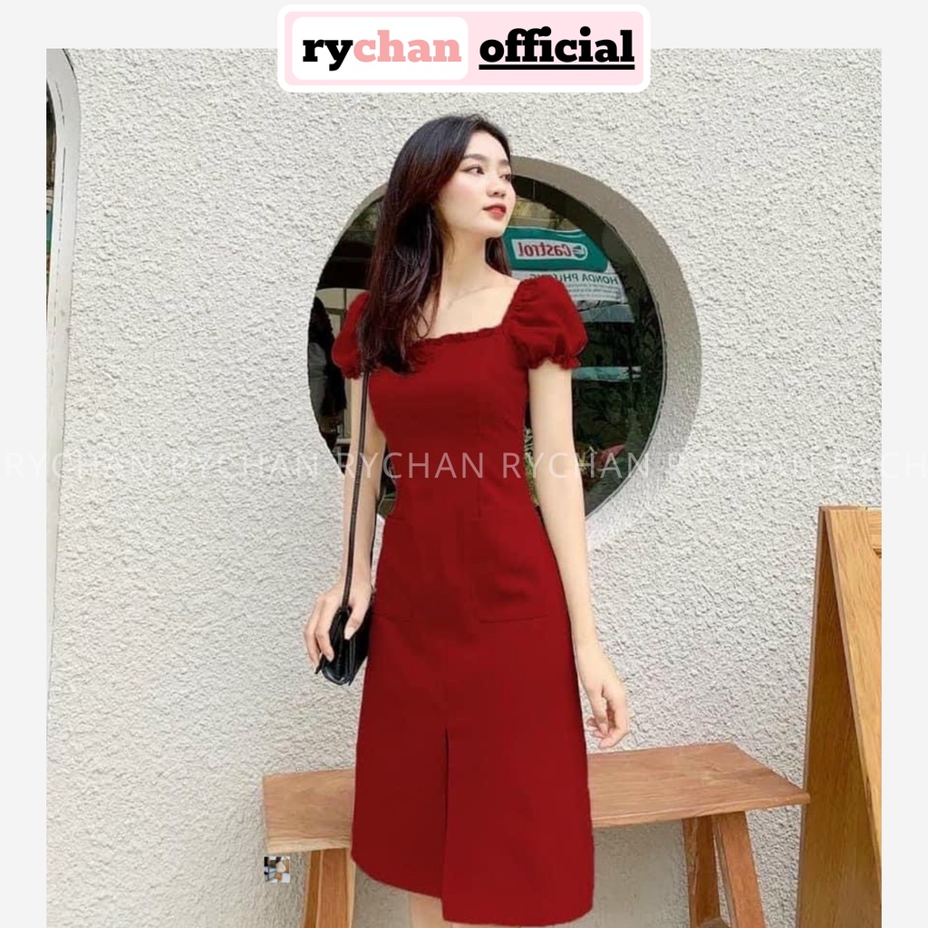 Đầm Xòe Cổ Vuông Viền Bèo Chiết Eo Xẻ Trước 3 Màu Trắng Nude Đỏ [Ảnh Thật Cuối] - DX0099