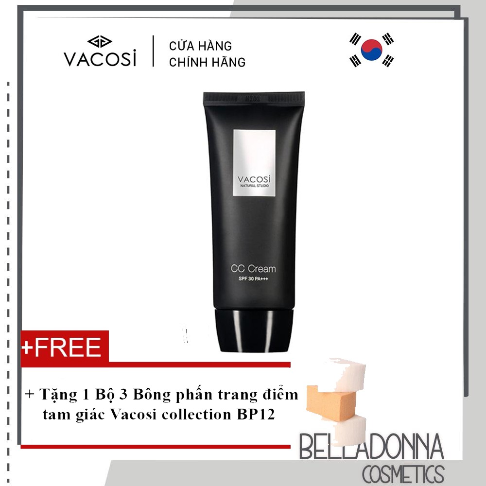 Kem Nền CC Sáng Da Và Hiệu Chỉnh Màu Vacosi Whitening CC Cream SPF 30 PA+++ 60ml + Tặng 1 bịch 3 miếng bông phấn ướt