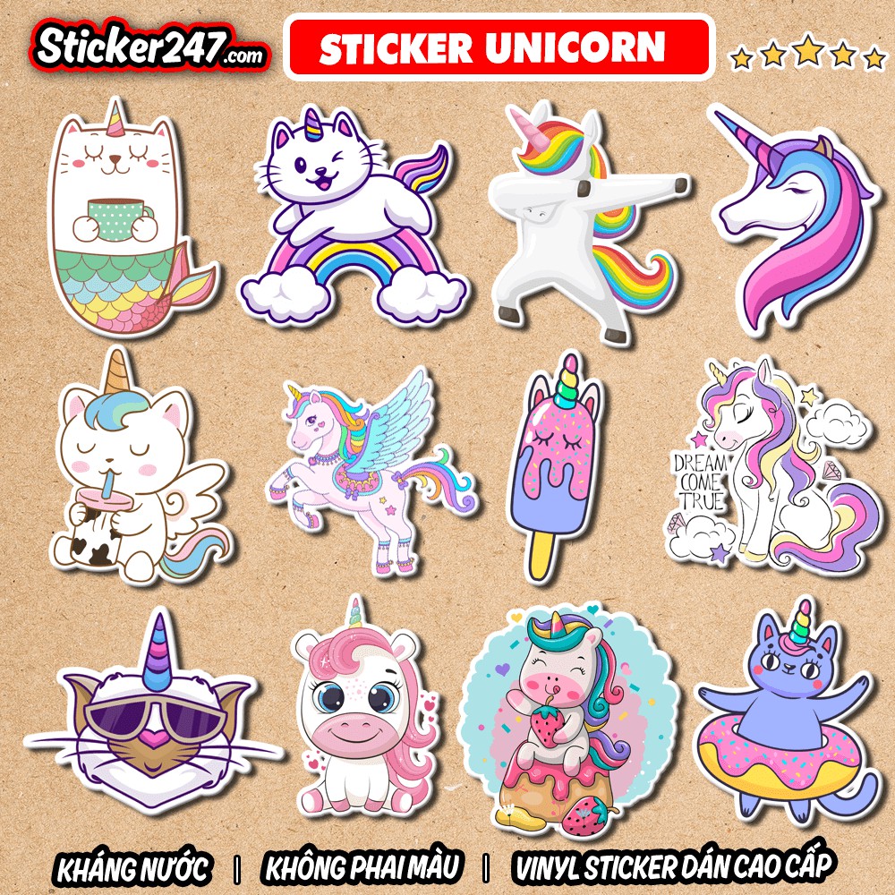 Sticker Animal Unicorn 🌈𝑭𝒓𝒆𝒆𝒔𝒉𝒊𝒑 chống nước, dán laptop, điện thoại, đàn guitar, mũ bảo hiểm, vali, ipad, kính...