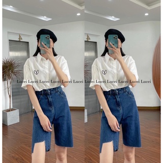 Áo sơ mi cộc tay basic thêu tim ngực