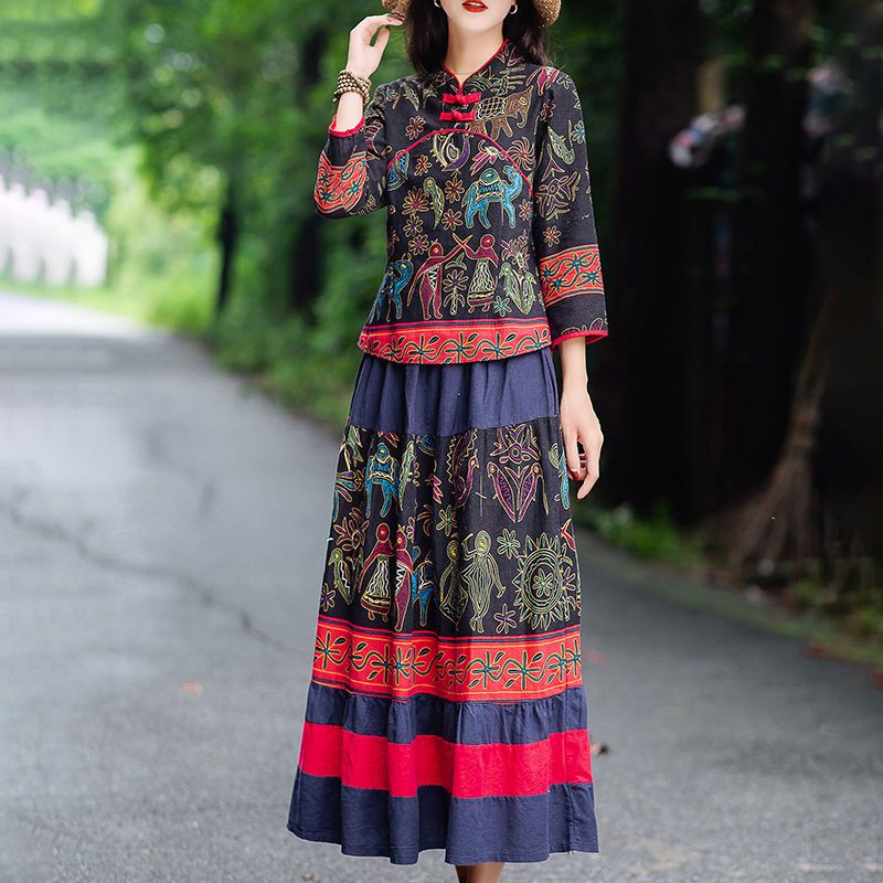 Bộ Áo Cotton Lanh Dài Tay + Chân Váy Phong Cách Hanfu Trung Hoa Cổ Điển Dành Cho Nữ