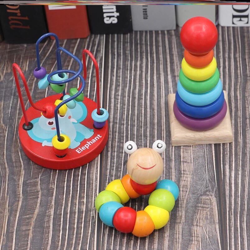 Combo 6 món đồ chơi trí tuệ cho bé: đồng hồ gỗ, luồn hạt, sâu gỗ, thả hình trụ, tháp gỗ, đàn 8 thanh tăng tưduy,khéo léo