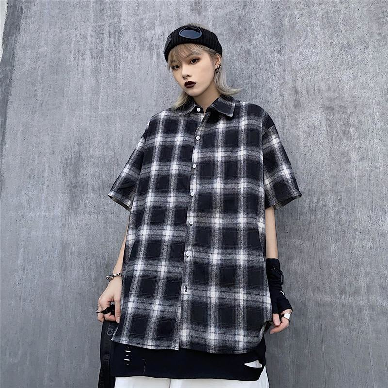 (mới) SƠ MI KẺ CARO TAY LỠ IN HOA CÚC SAU LƯNG - SƠ MI CARO HOA CÚC ULLZANG