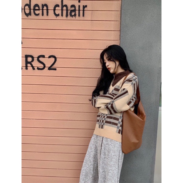Áo len pha cổ ô vuông dáng xinh sang chảnh Vintage Hàn Quốc | BigBuy360 - bigbuy360.vn