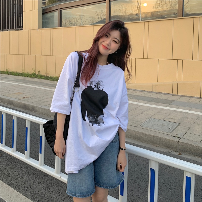 Áo Thun Ngắn Tay Cổ Tròn Dáng Rộng In Họa Tiết Kiểu Retro Hàn Quốc Thời Trang Mùa Hè Cho Nữ Dễ Phối Đồ