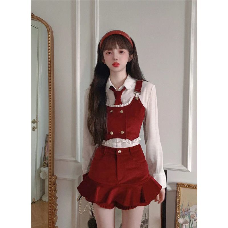 Bộ Áo Sơ Mi + Chân Váy + Áo Khoác Cột Dây Phong Cách Preppy Ngọt Ngào Thời Trang Thu Đông Cho Nữ