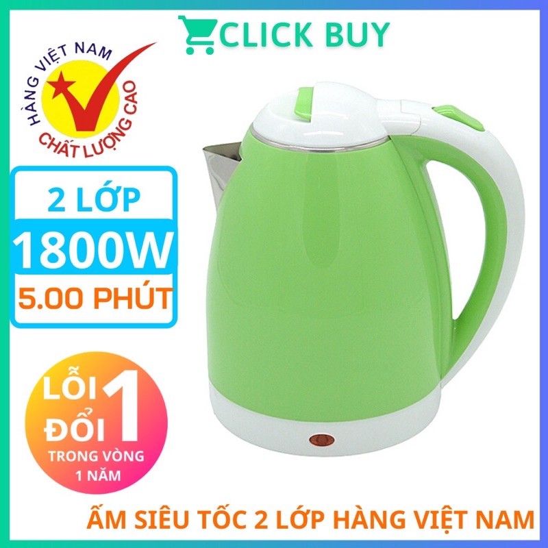 Ấm Siêu Tốc Màu 2 Lớp Cách Nhiệt  CHỐNG NÓNG CHỐNG GIẬT An Toàn 1,8L