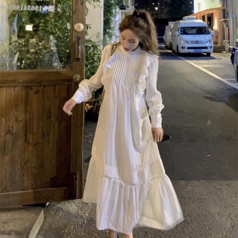 Đầm maxi trắng đuôi cá xếp ly dáng rộng tay bo/ Váy tiểu thư basic phong cách vintage đi du lịch