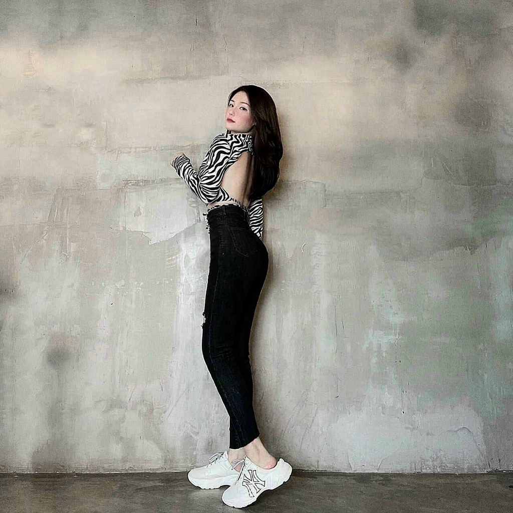 Quần jean đen muối tiêu rách đùi, gấu tua lai kiểu dành cho Bigsize, lưng cao, co dãn mạnh