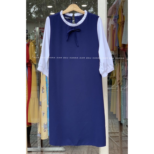 [Size 40 đến 80kg] Đầm bầu công sở xanh đen phối trắng lịch sự dáng suông vải mát không nhăn có túi bên sườn đầm dài
