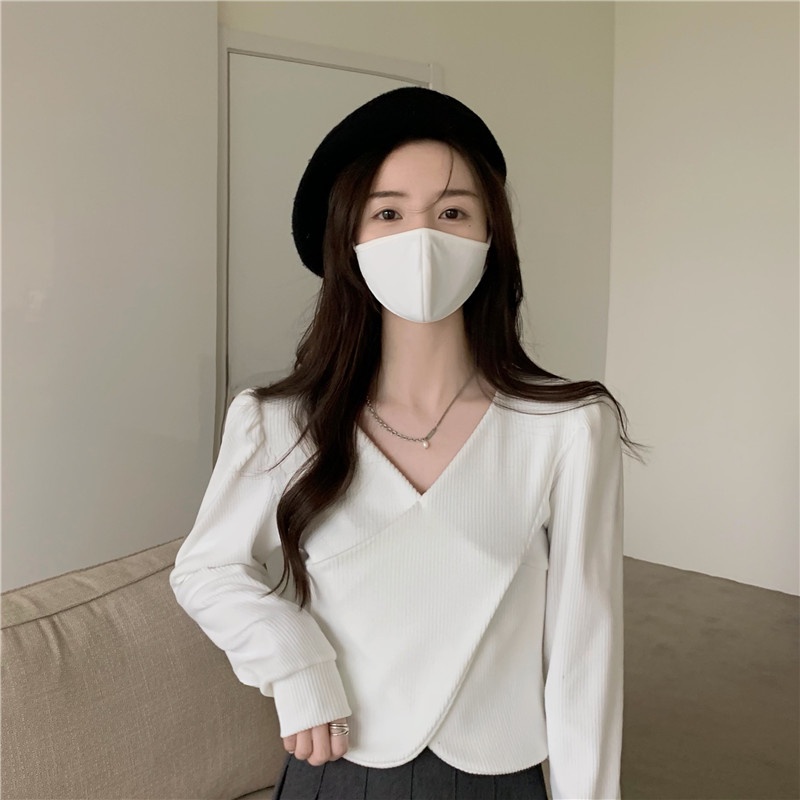 Áo Thun Lửng Tay Dài Cổ V Màu Nâu Phong Cách Retro Dành Cho Nữ