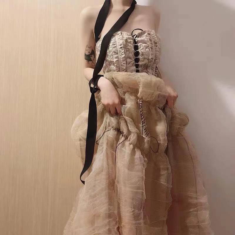 Đầm Hai Dây Phối Lưới Cột Dây Ngực Phong Cách Retro Pháp Thời Trang Đi Biển