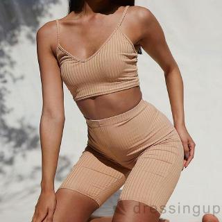 Bộ áo không tay màu trơn + quần đùi lưng cao cá tính cho nữ