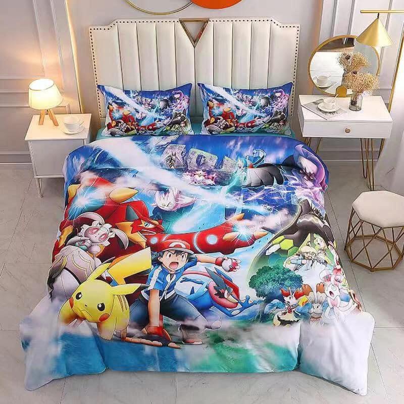 Bộ Chăn Ga Gối Cotton Hoạt Hình 3D Pikachu và Bạn Bè