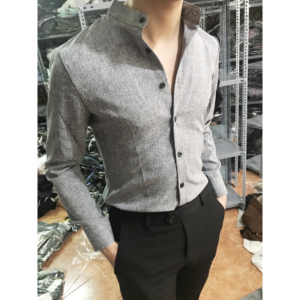 Sơ mi xám cổ tầu vải cotton nhập khẩu cao cấp, đàn hồi tốt không nhăn, thoáng mát, form slim fit