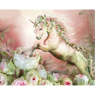 Tranh sơn dầu số hóa tự tô màu theo số có khung - [372] UNICORN HOA HỒNG (40*50)