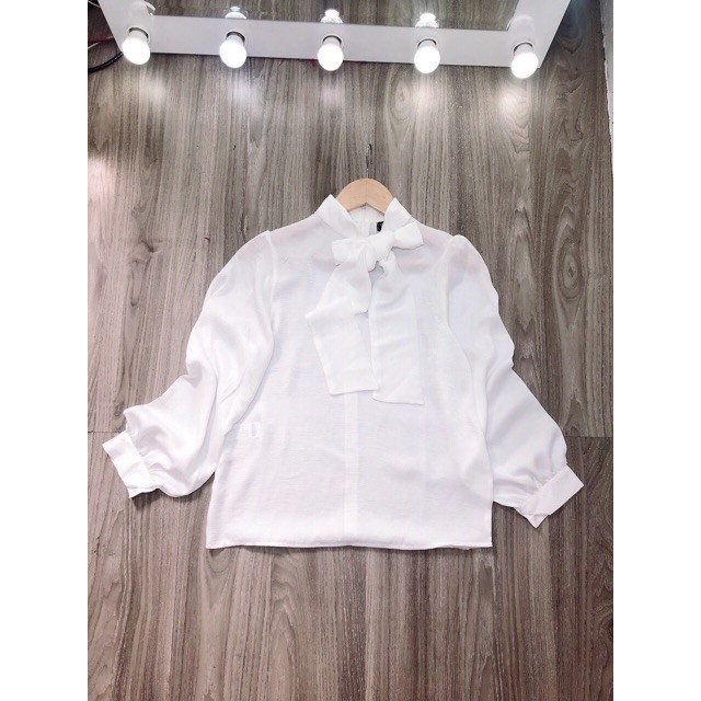 Áo sơ mi kiều nữ lụa tằm cổ nơ dài tay ba màu trắng, đỏ, ghi | BigBuy360 - bigbuy360.vn