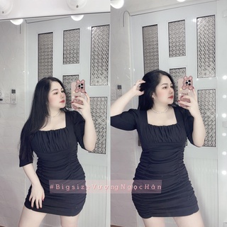 Đầm nhún cổ vuông tay lỡ đen bigsize