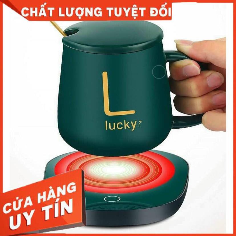 [Hàng loại 1] Bộ cốc hâm nóng cafe gồm cả đế điện, thìa vàng, hộp sang trọng