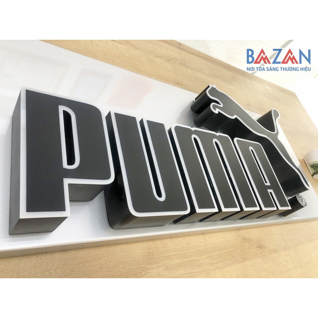 Logo Puma - Chữ nổi quảng cáo inox uốn ngược, mặt mica dán decal lưới