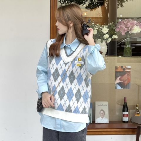 Áo len không tay cổ chữ v họa tiết sọc caro thời trang theo phong cách hàn quốc cho nữ
 | BigBuy360 - bigbuy360.vn