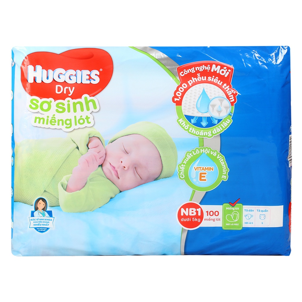 Miếng lót sơ sinh Huggies Newborn1 100 miếng (cho bé dưới 5 kg)