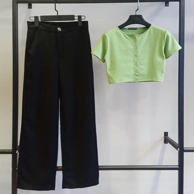 Set Áo Croptop Nút- Quần Tây Trơn Ống Suông Ảnh Thật