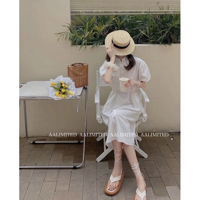 (Có Bigsize) Đầm Váy Sơ Mi Trắng Cổ Trụ Xếp Ly Tay Bí Phong Cách Ulzzang Hàn Quốc Mặc Du Lịch Cực Xinh