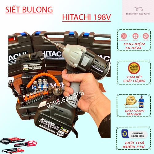 Máy Siết Bulong Hitachi 198VF 2 PIN Đầu 2 Trong 1, Máy Bắn Bulong Không Chổi Than Khoan Tường Bắn Vít Mở Ốc Xe Pin Khỏe