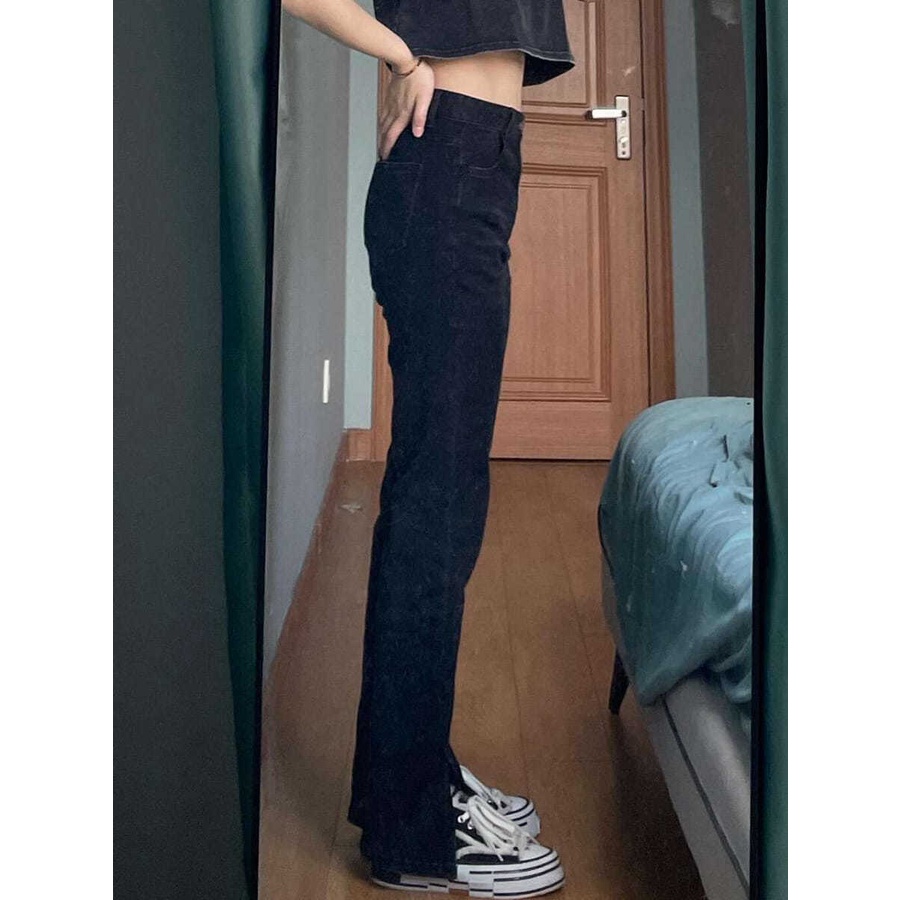 Quần Jeans Đen Lưng Cao Ống Rộng Cho Nữ