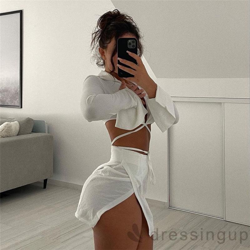 Set áo tay dài màu trơn thắt dây + chân váy ngắn xẻ tà thời trang quyến rũ cho nữ